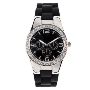 Ladies Silvertone Watch with Rubber Bracelet and Crystal Detail