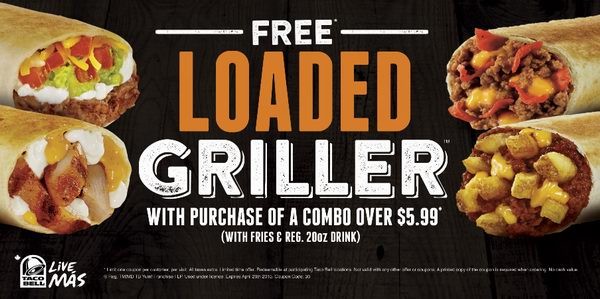 Taco Bell购买5.99元以上套餐免费送Loaded Griller