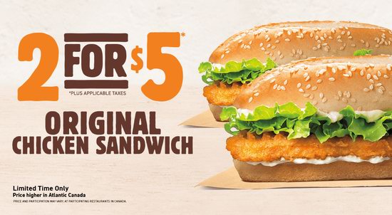 Burger King限时特卖，两份Original Chicken Sandwich仅售5元