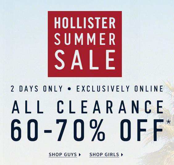 Hollister 清仓区服饰3-4折特卖，满100元再优惠15元