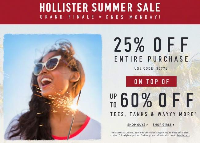 Hollister 清仓区服饰1.5折特卖，额外再打7.5折