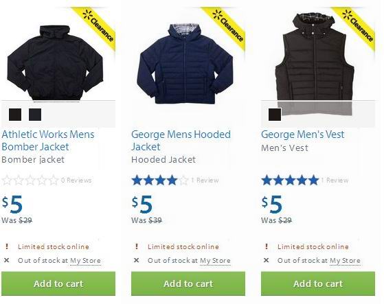Walmart 3款男式外套1.2折起5元清仓