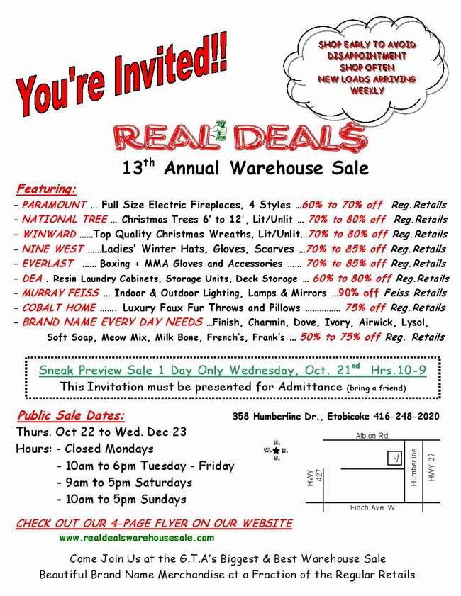 Real Deals 13th annual warehouse sale 特卖会，家居生活用品、服饰、电器、宠物用品等1折起清仓！（10月22日-12月23日）