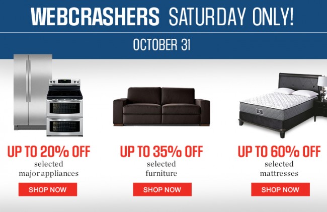 Sears Webcrashers 限时特卖，家具6折19.99元起，床垫全部6折，大家电6.6折起，满24元立减10元，满149元立减15元！仅限今日！