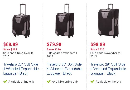 Travelpro Soft Side 4-Wheeled Expandable Luggage 三款行李箱1.9-2.3折特卖，仅限今日！