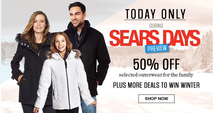 Sears 指定款成人儿童冬季服饰、鞋子、床上用品、冬季室外用品等4折起特卖，满24元立减10元，满149元立减15元！冬衣最低只需14.99元！仅限今日！