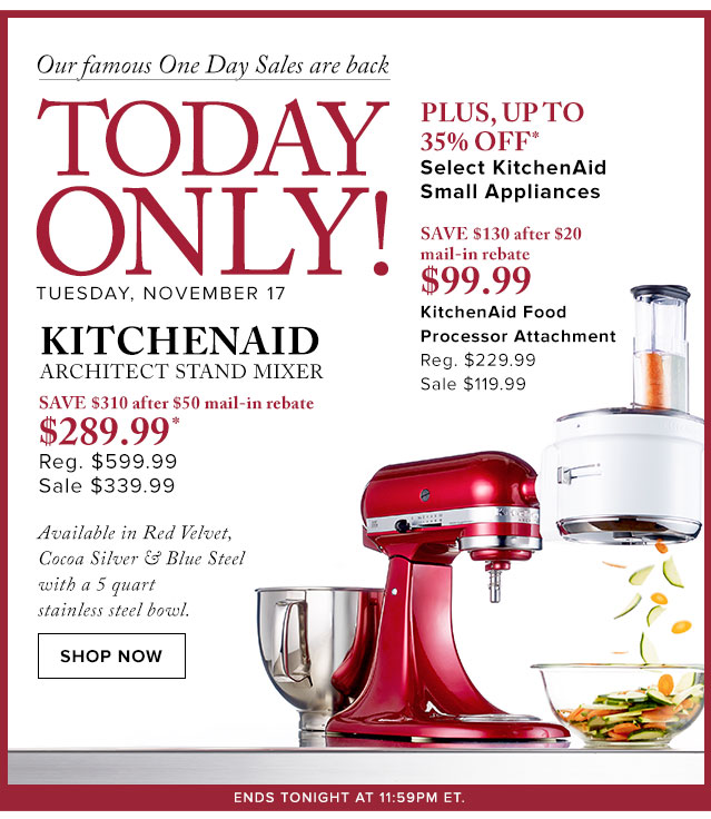 吃货厨房必备神器！The Bay 多款原价599.99元Kitchenaid Architect Stand Mixer 5-Qt. 多功能厨师机仅售289.99元，KitchenAid Food Processor Attachment仅售99元，指定款KitchenAid厨房小电器6.5折！仅限今日！