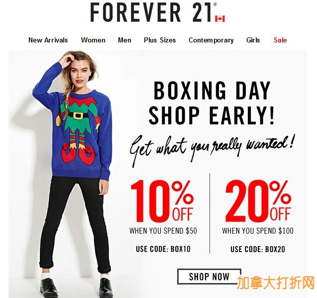 Forever 21  Boxing Week 节礼周开卖，最低2.5折起特卖，新用户额外9折！