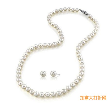 The Pearl Source18“英寸AAA质量，14K金/白金7-8mm白色淡水养珠项链及配套耳环套装特价225元，原价979元，包邮