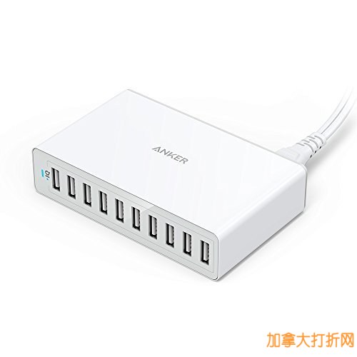 分量十足，数码控必备神器！Anker PowerPort 10口60瓦智能快速USB充电器3折35.99元特卖！黑白两种颜色可选