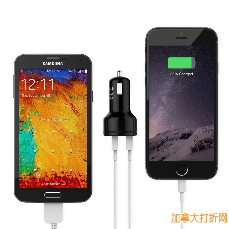 Aukey快速充电2.0 30W 2端口USB车载充电器特价15.99元，原价29.99元