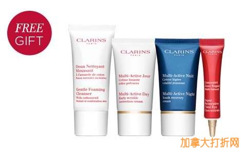 Clarins娇韵诗限时全场包邮，购满80元送4件套美容护肤品旅行装！