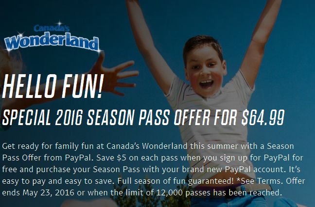  Paypal限时活动！新用户购买 Canada's Wonderland 奇幻乐园季票只需64.99元！