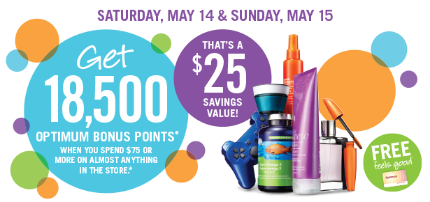  Shoppers Drug Mart 本周六到周日（5月14日-15日）持积分卡购物满75元送价值25元积分