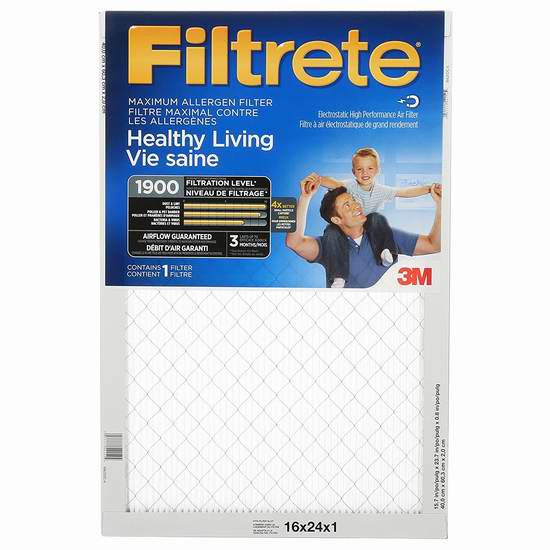  3M旗下品牌！Filtrete MPR 1900 防过敏家庭空调暖气炉过滤网（16x24x1、6个装） 98.14元限量特卖并包邮！