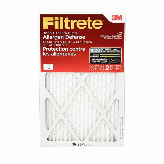  Filtrete Allergen Defense MPR 1000 防过敏空调暖气炉过滤网（16x25x1英寸 2个装）4.1折 21.54元限时特卖！