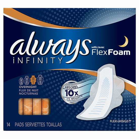  Always Infinity 超薄护翼超吸夜用卫生巾（4x14片）超值装 4.99加元限时特卖！