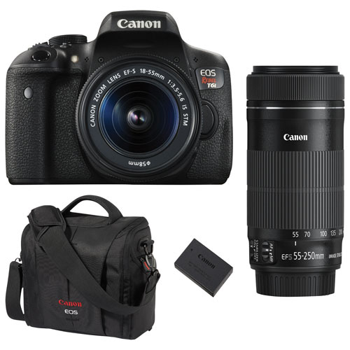  Canon 佳能 EOS Rebel T6i DSLR 单反套机（18-55mm/55-250mm双镜头+电池+相机包）立省470加元，仅售999.99加元包邮！