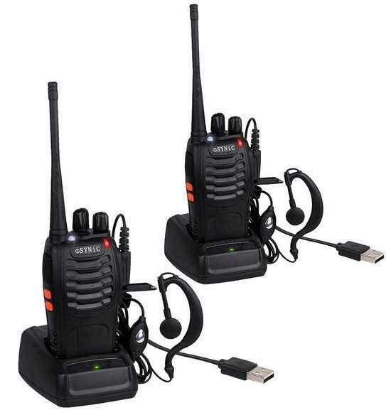  ESYNiC Walkie Talkies 16信道无线专业双向对讲机/手台（内置手电，带耳机）2只装 35.65加元限量特卖并包邮！