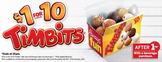  Tim Hortons 圣诞促销！每天下午1点后，招牌甜点Timbit一盒仅需1元！