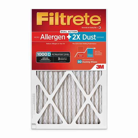  历史新低！Filtrete MPR 1000D 防过敏 2倍锁住粉尘 家庭空调暖气炉过滤网（6个装 16x25x1英寸）6.6折 95.67加元包邮！
