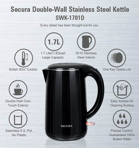 Secura SWK-1701DP The Original Stainless Steel Double Wall Electric Water  Kettle 1.8 Quart, Dark Purple 