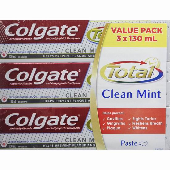  历史新低！Colgate 高露洁 Total 薄荷口味 抗菌防蛀美白牙膏超值装（3 X 130ml）4.4折 3.5加元！