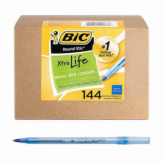  历史新低！BIC Round Stic Xtra Life 蓝色中号原子笔144支超值装 12.99加元！