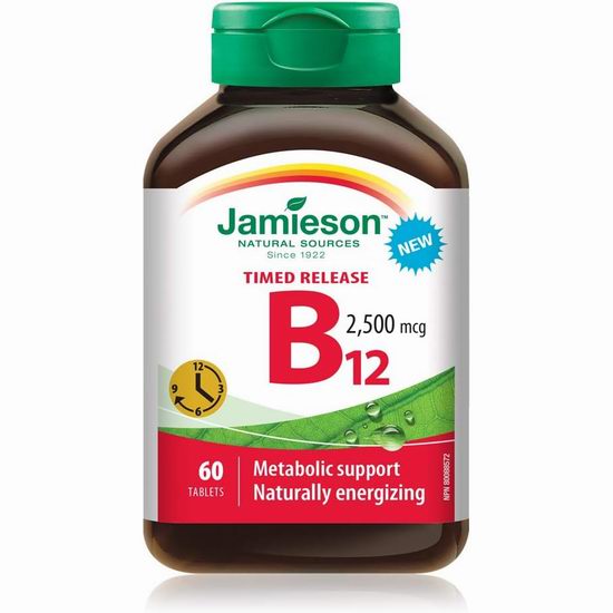  Jamieson 健美生 2500mcg 长效型维他命B12缓释片（60粒）4.7折  9.98加元！