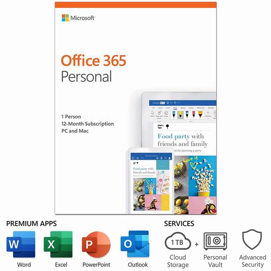  Microsoft Office 365 Personal 个人版1年订阅4.9折 38.99加元包邮！送1TB OneDrive云储存空间！