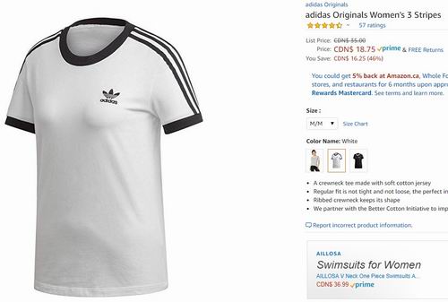 adidas Originals女士三条杠tee 18.75加元（M码），原价35加元_加拿大