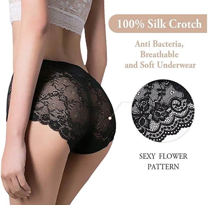 LilySilk 6-Pack 100% Pure Silk Lace Panties for Women Underwear