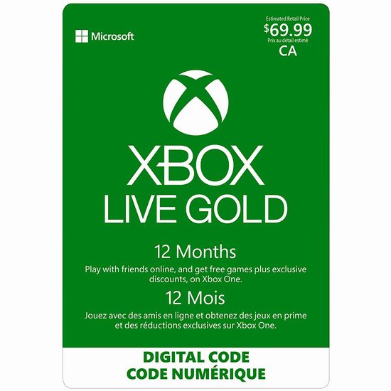  Xbox Live Gold 金会员一年会员 59.99加元！