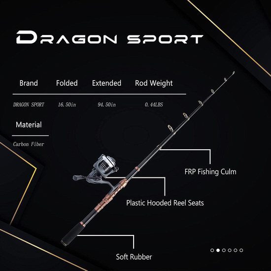 白菜价！历史新低！DragonSport 高强度碳纤维1.65米伸缩钓鱼竿+鱼钩+
