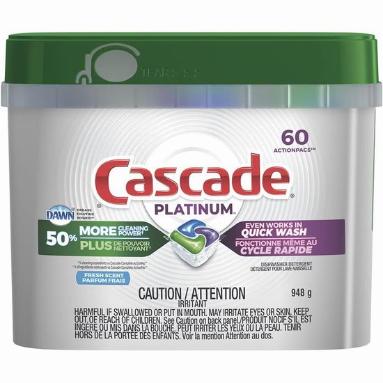  Cascade 清香型 洗碗机洗碗球60粒 15.67加元（原价 21.99加元）