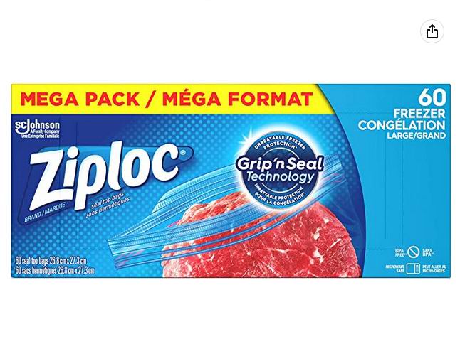  Ziploc 大号 双层夹链 冷冻保鲜袋（60只） 8.35加元（原价 10.39加元）