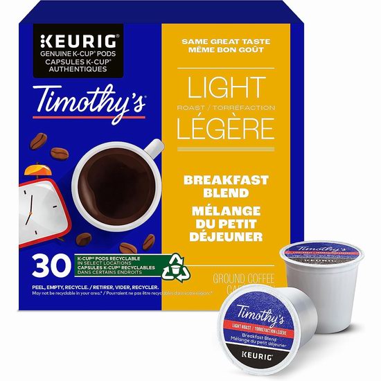  Keurig Timothy's 早餐混合 轻度烘培 K-Cup咖啡胶囊（30粒装） 12.91加元（原价 15.97加元）！单粒仅0.43加元！