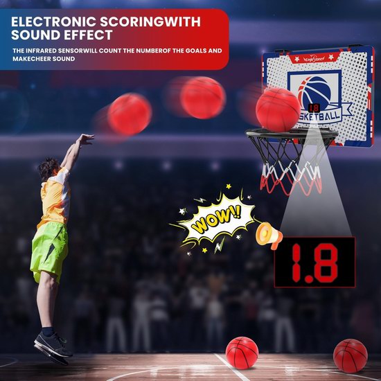 Eaglestone Kids Basketball Hoop Set Electronic Score Record and Sounds, Basketball Hoop Over The Door with 2 Balls, Hand Pump Basketball Toy Gifts