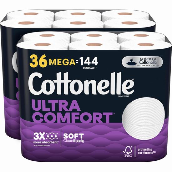  Cottonelle Ultra Clean 36卷卫生纸7.8折 33.91加元包邮！相当于144卷卫生纸！