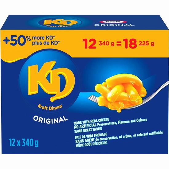  Kraft Dinner 卡夫 Original 原味芝士通心粉（4.08公斤, 12盒 x 340克）3.7折 18.99加元！单盒仅1.58加元！