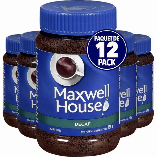  Maxwell House 麦斯威尔 无咖啡因 速溶咖啡（150克x12瓶）4.4折 27.02加元包邮！单瓶仅2.25加元！