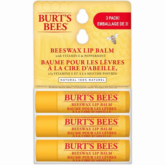  Burt's Bees 小蜜蜂 纯天然蜂蜡润唇膏3支装7.6折 9.49加元（原价 12.49加元）