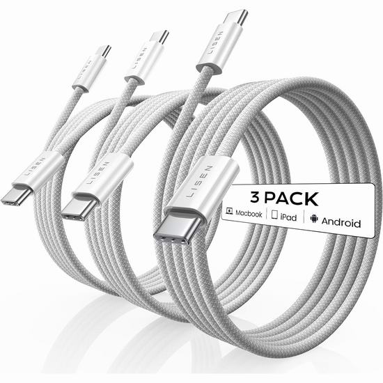  LISEN USB C Cable 60瓦 6.6英尺充电线缆/数据线3件套 8.99加元