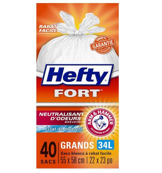  Hefty 强力大号34升白色垃圾袋40个 5.69加元（原价 8.99加元）