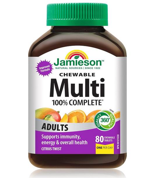  Jamieson 成人全效维生素咀嚼片80片 9.49加元（原价 23.99加元）！  支持免疫力、能量和整体健康