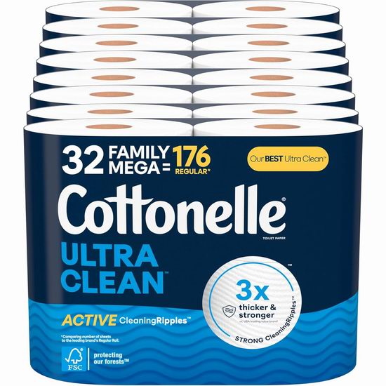  历史新低！Cottonelle Ultra Clean 32卷卫生纸6.3折 34.99加元包邮！相当于176卷卫生纸！