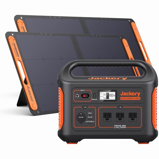  历史新低！Jackery Explorer 1000 1002Wh 3x1000W 便携式备用电源/移动电源+2 x 100W太阳能板套装4.8折 1099加元包邮！