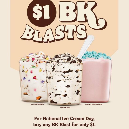  Burger King 汉堡王 冰淇淋日，BK Blasts冰淇淋仅需1加元！仅限今日！