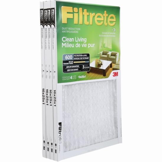  历史新低！3M Filtrete 600 MPR 防过敏家庭空调暖气炉过滤网（16x25x1英寸 4个装）5折 23.68加元！