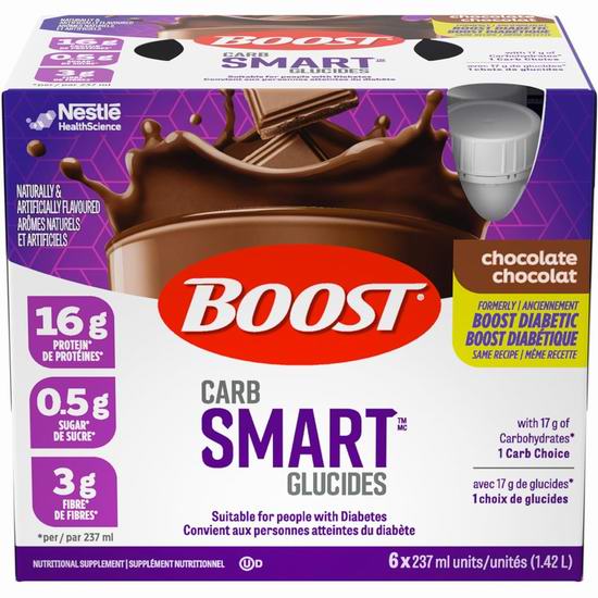  白菜价！历史新低！BOOST CarbSmart 高蛋白 低糖 巧克力味 营养补充奶昔（237mlx24瓶）3.3折 17.85加元！